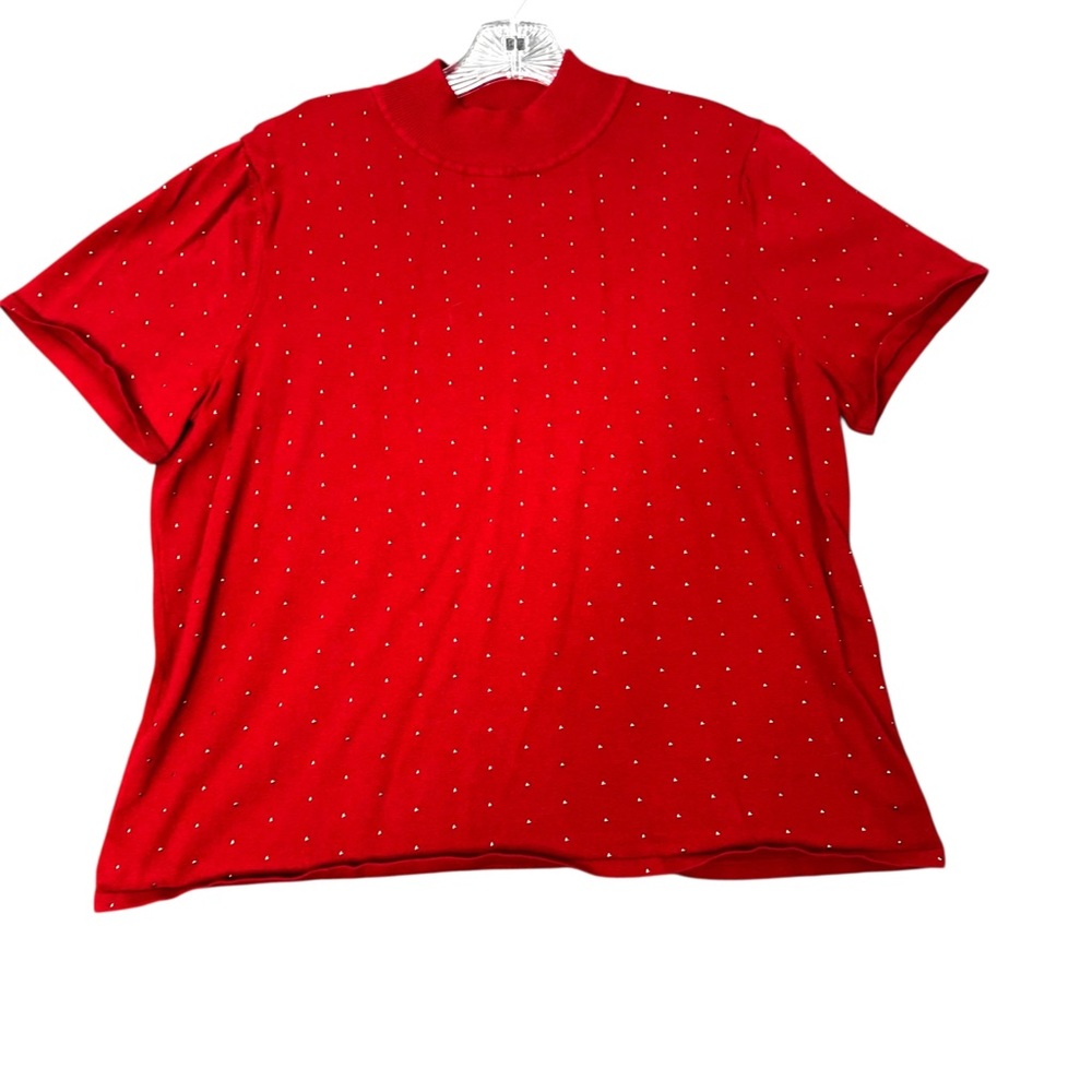 Jones New York Women’s Sz 1X Red High Neck Sweater Short Sleeves Gold Beading